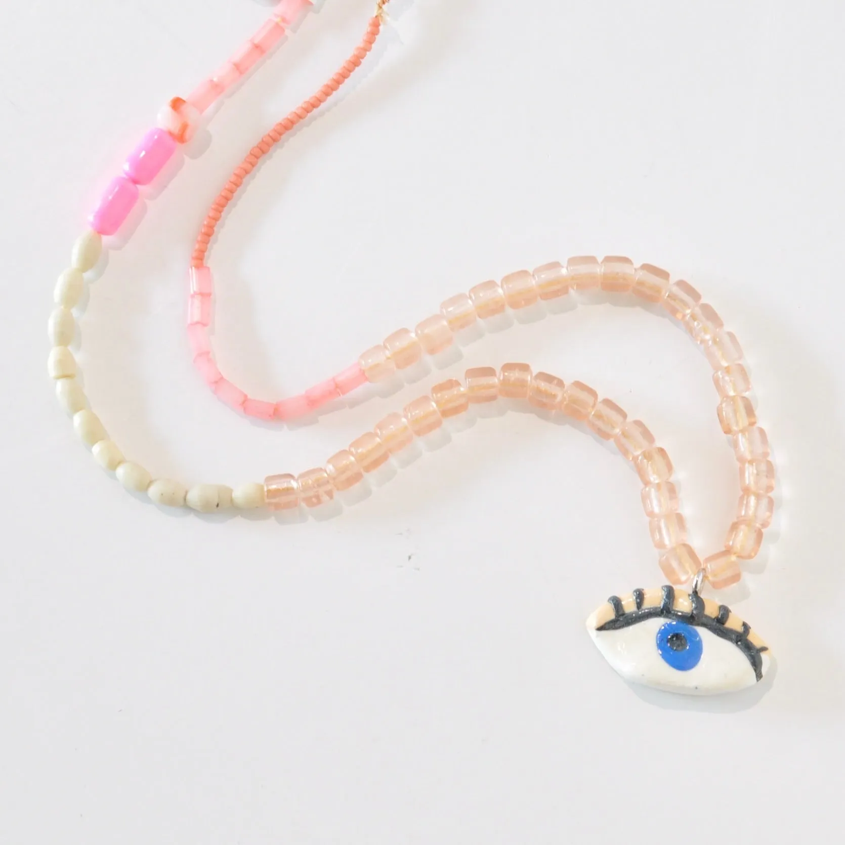 Beaded Necklace with Handmade Clay Beads - Tiffany Charms