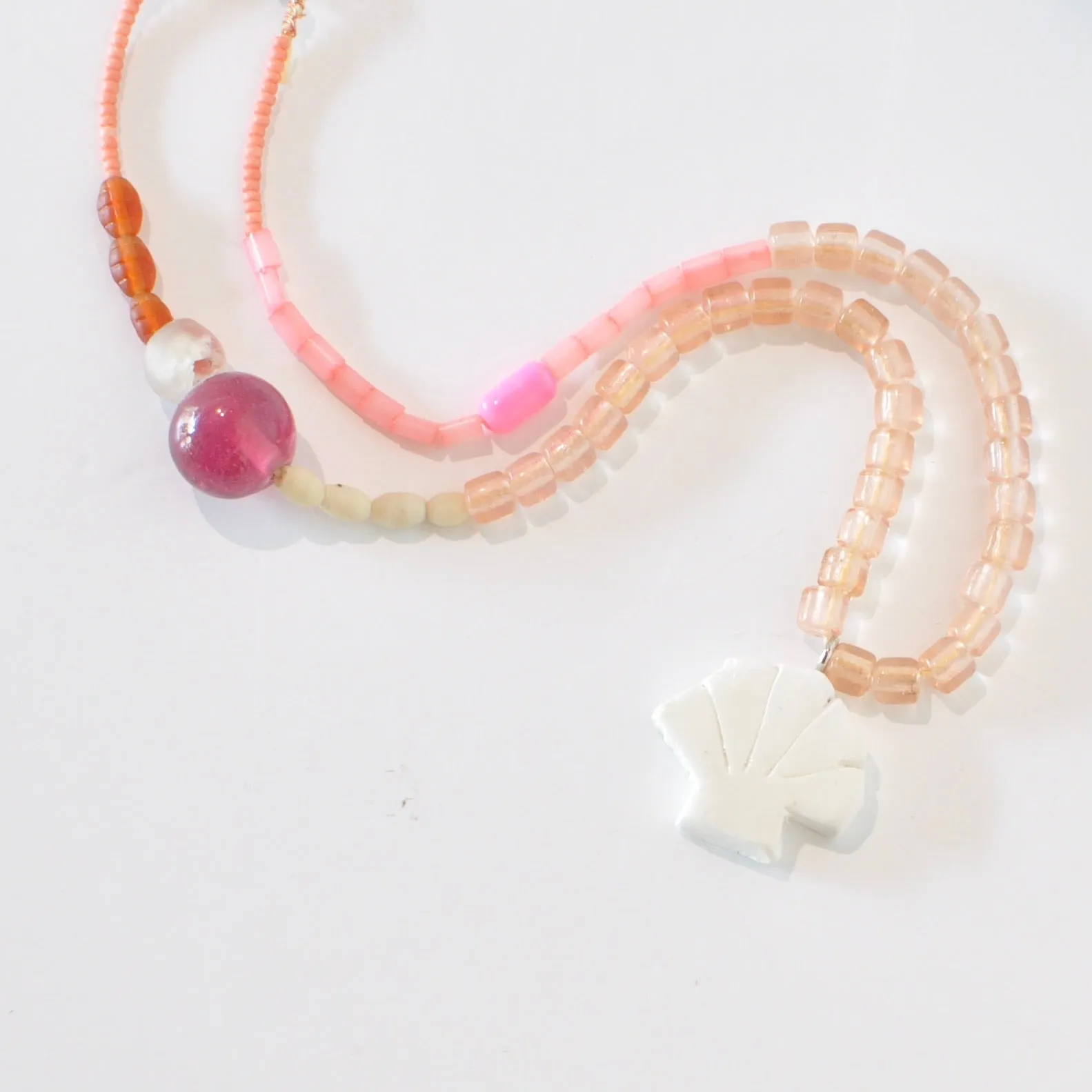 Beaded Necklace with Handmade Clay Beads - Tiffany Charms