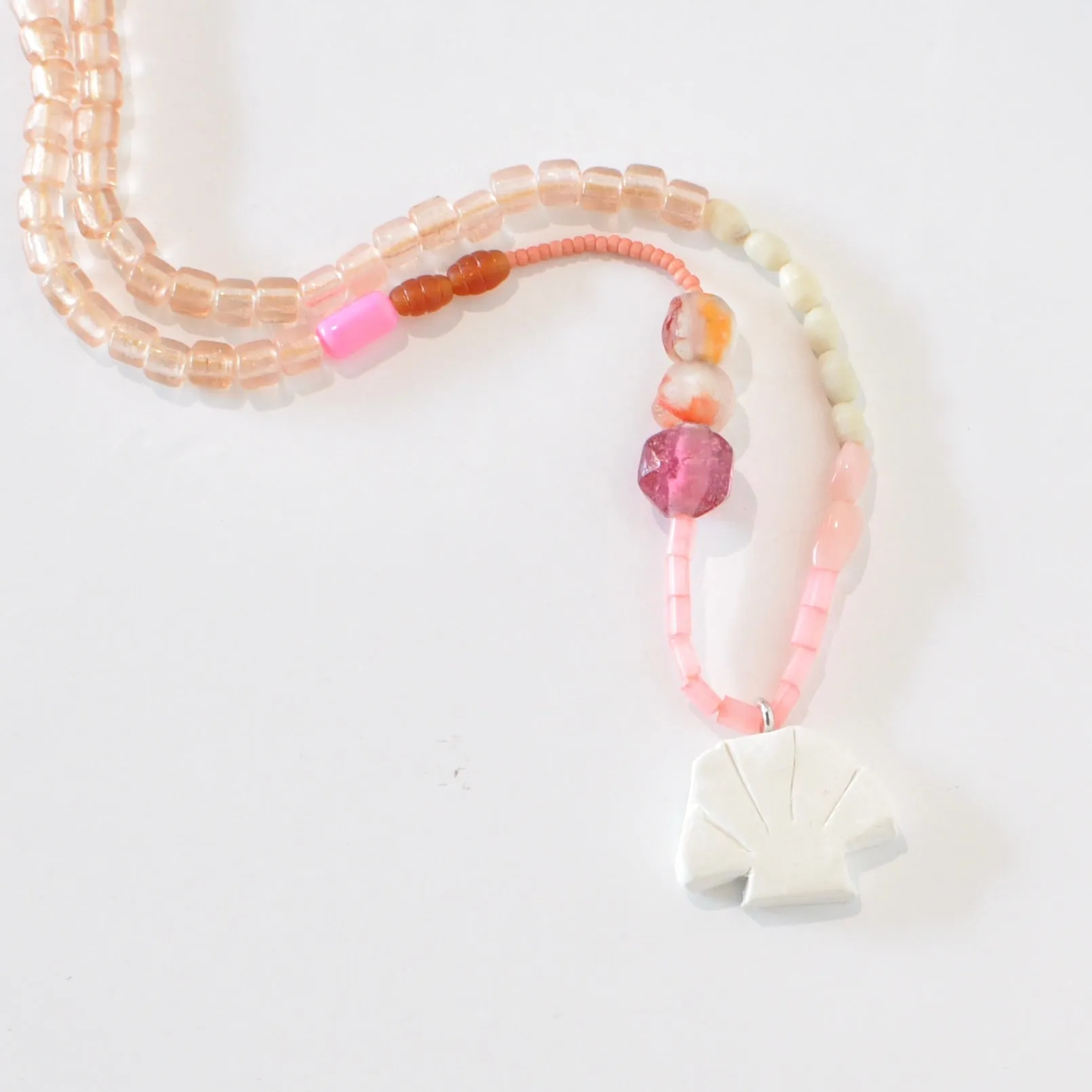 Beaded Necklace with Handmade Clay Beads - Tiffany Charms