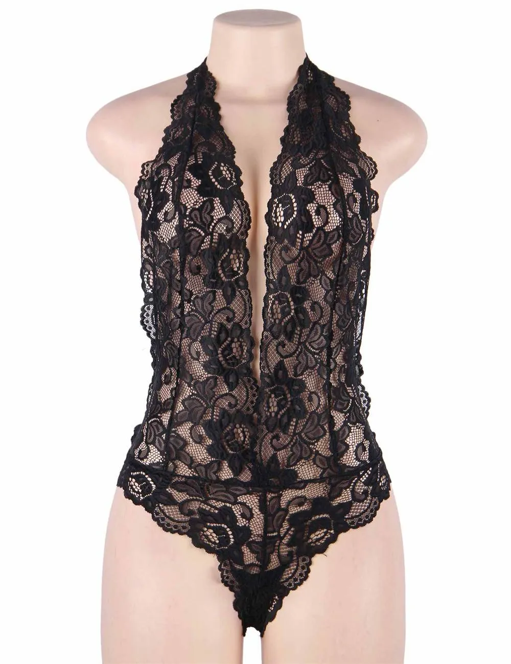 Black Backless Deep V Exquisite Lace Teddy