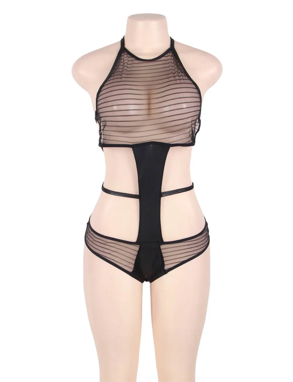 Black Backless Striped Lace Teddy