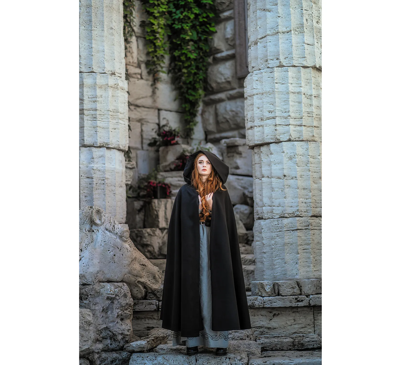 Black Fantasy Vegan Wool Hooded Cloak
