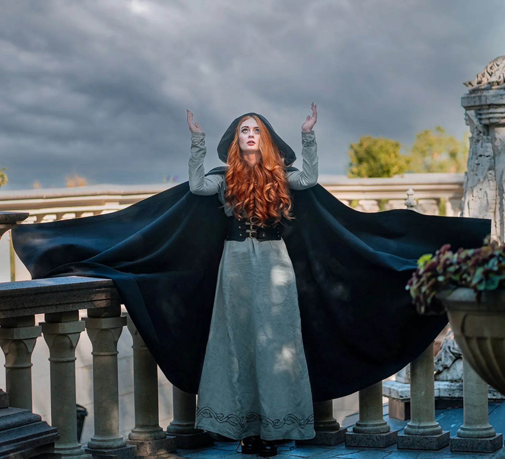 Black Fantasy Vegan Wool Hooded Cloak