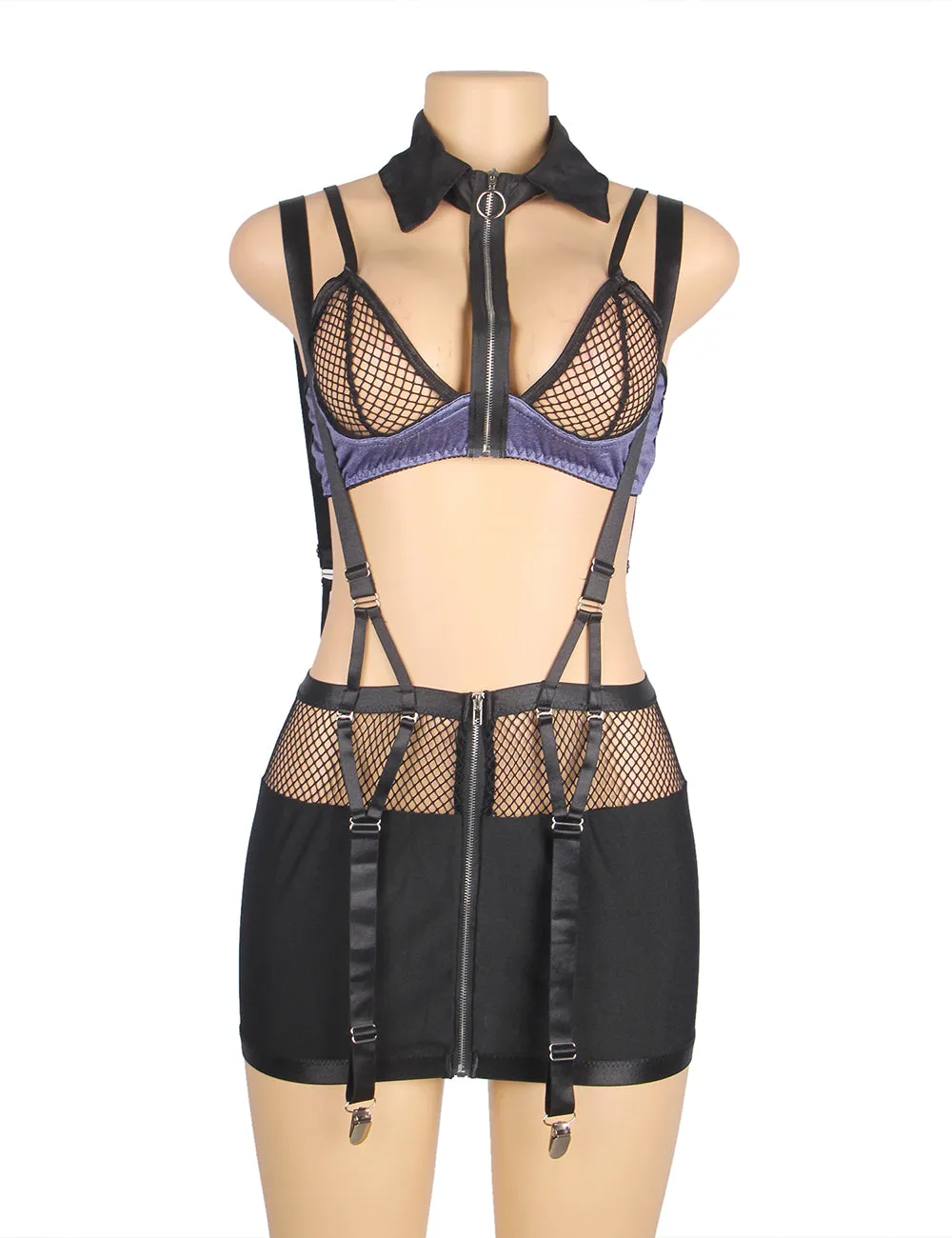 Black Mesh Bra Top Zipper Front Backless Dress Sexy Costume