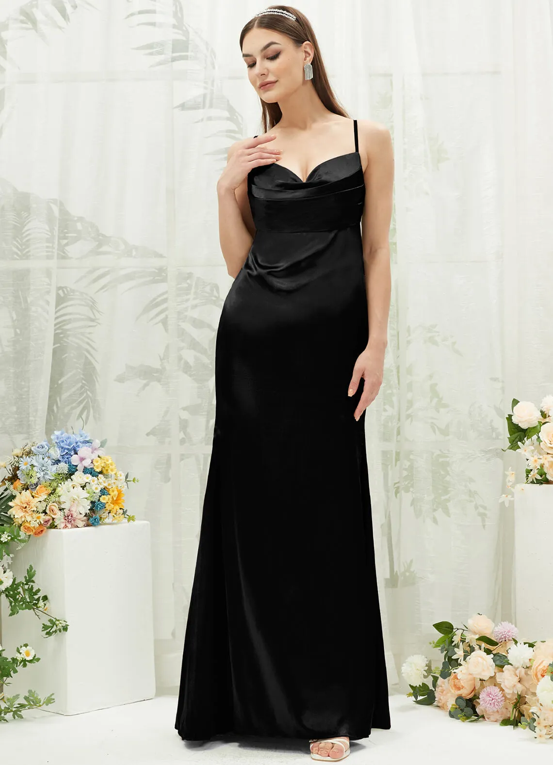 Black Satin Cowl Neck Adjustable Straps Backless Long Bridesmaid Dress