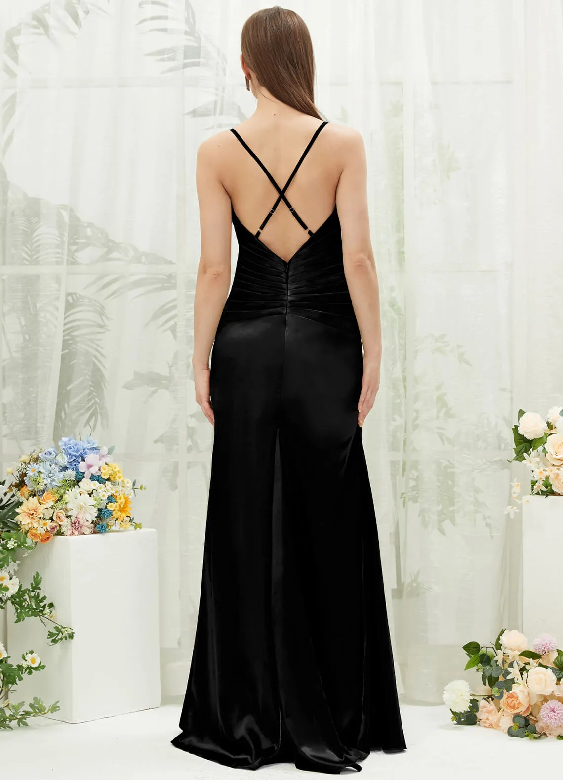 Black Satin Cowl Neck Adjustable Straps Backless Long Bridesmaid Dress