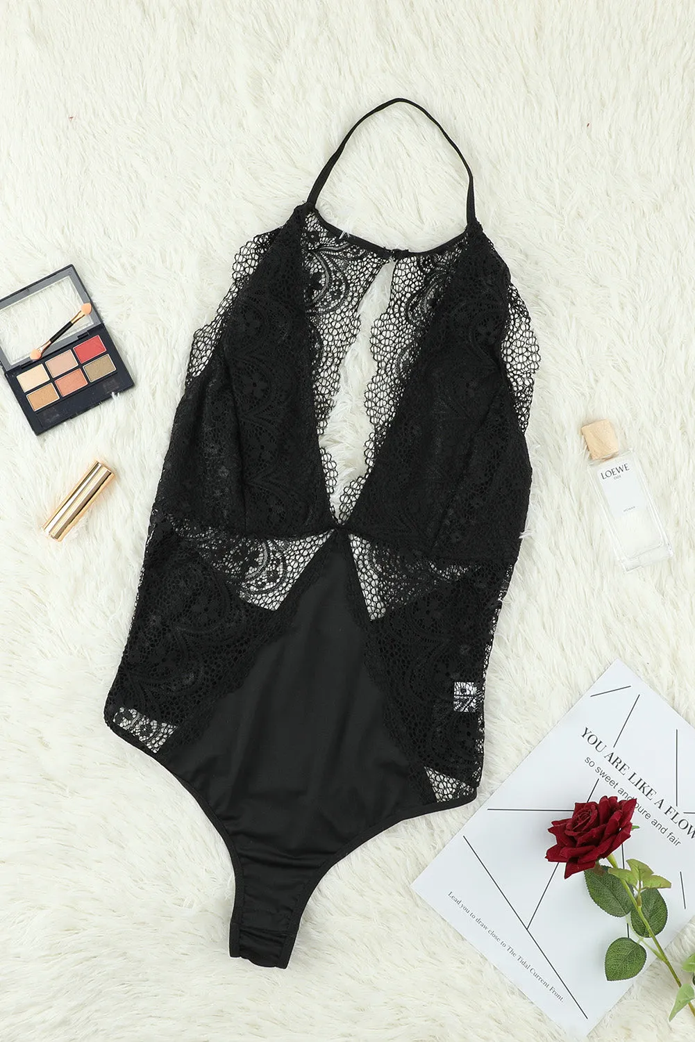 Black V Neck Crochet Lace Splicing Backless Teddy Lingerie