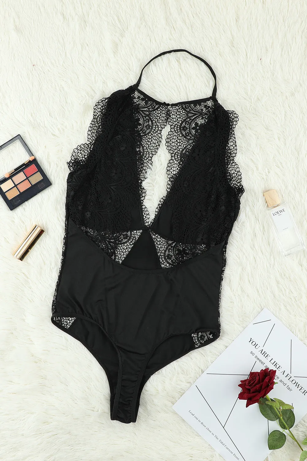 Black V Neck Crochet Lace Splicing Backless Teddy Lingerie