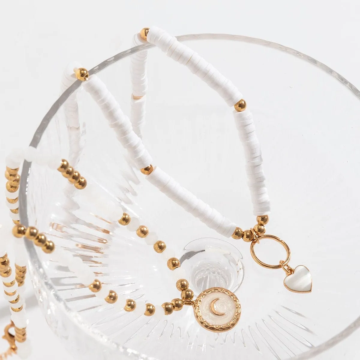 Boho Layered Enamel Round Disk Heart Pendant Polymer Clay Crystal Ball Chain Choker Necklace Set