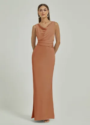 Bronzer Silk Satin Cowl Neck Sheath Backless Maxi Bridesmaid Dress