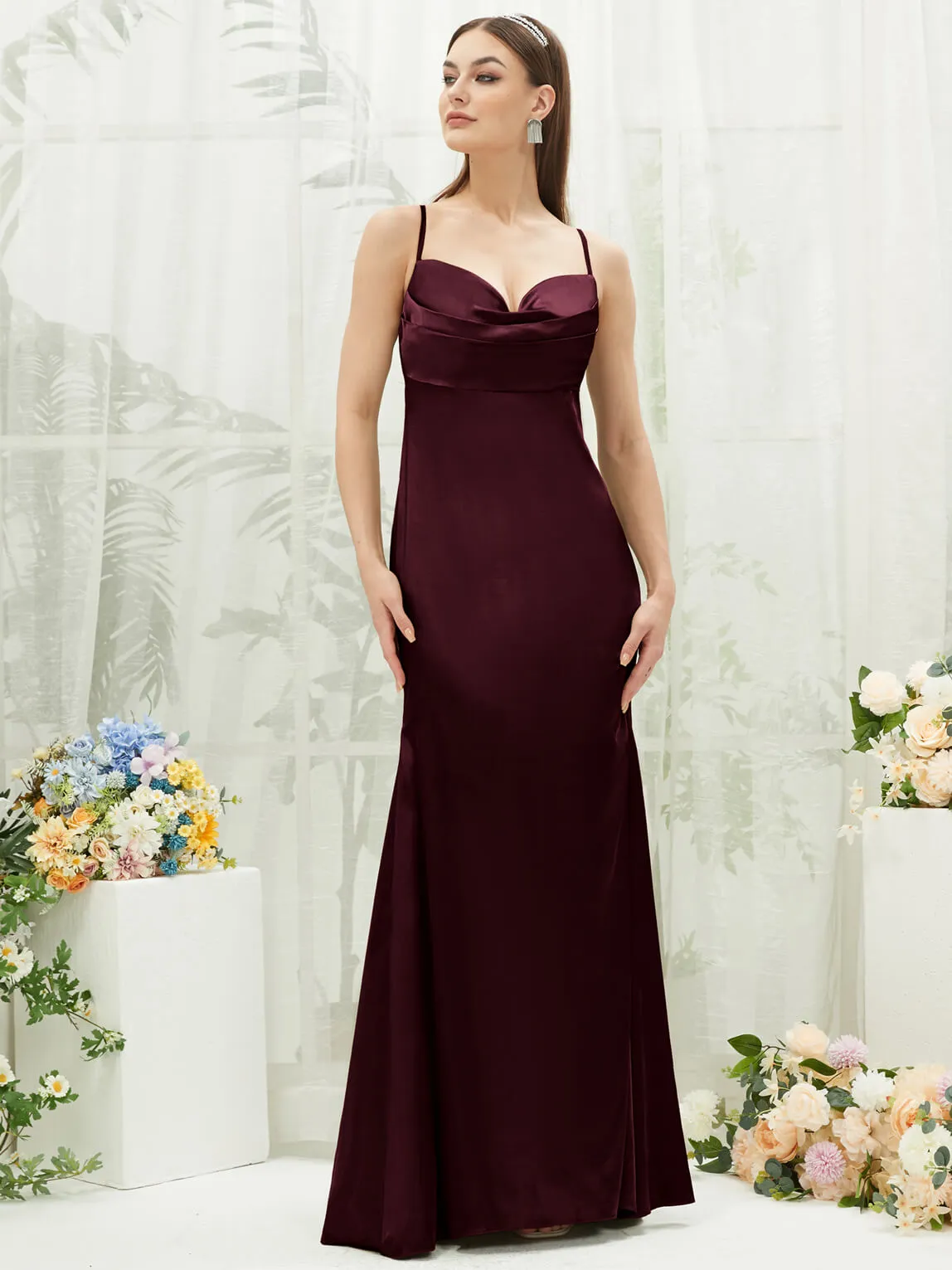 Cabernet Satin Cowl Neck Adjustable Straps Backless Long Bridesmaid Dress