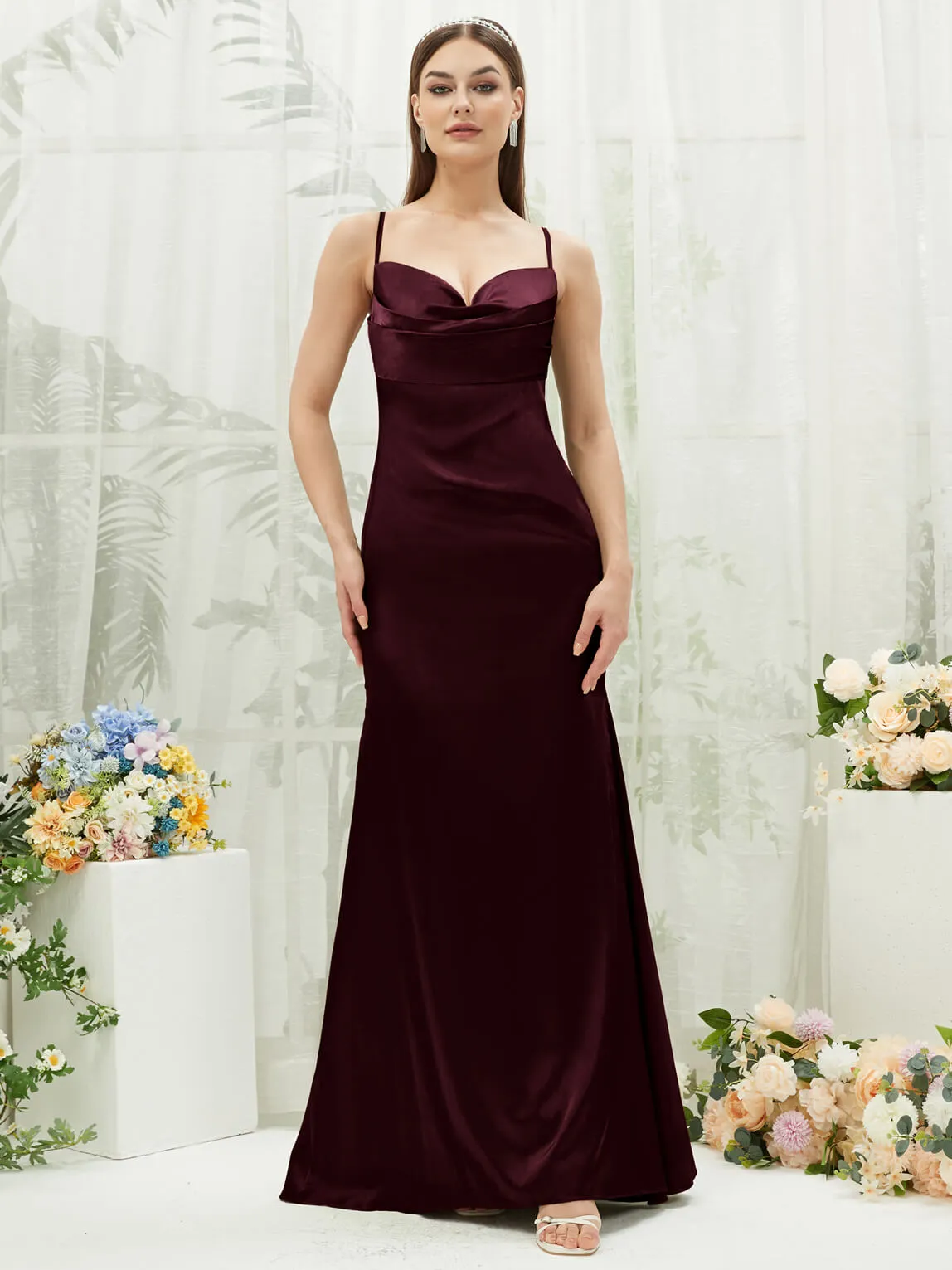 Cabernet Satin Cowl Neck Adjustable Straps Backless Long Bridesmaid Dress