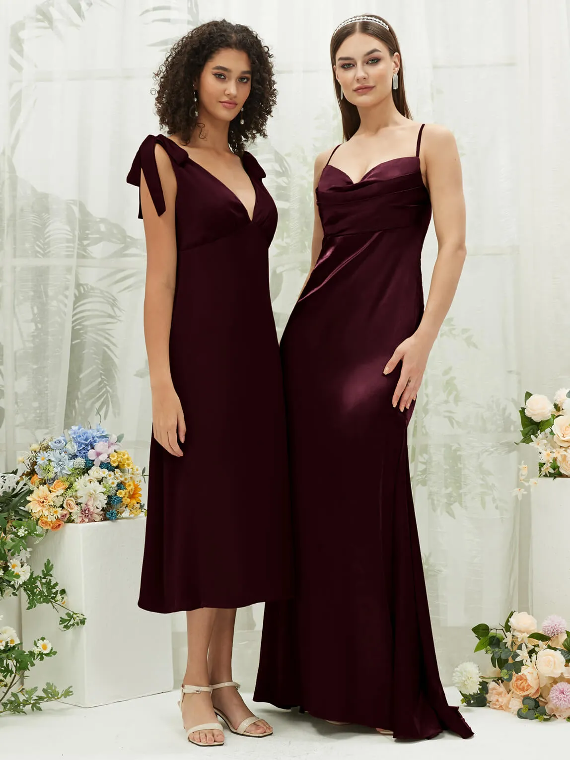 Cabernet Satin Cowl Neck Adjustable Straps Backless Long Bridesmaid Dress