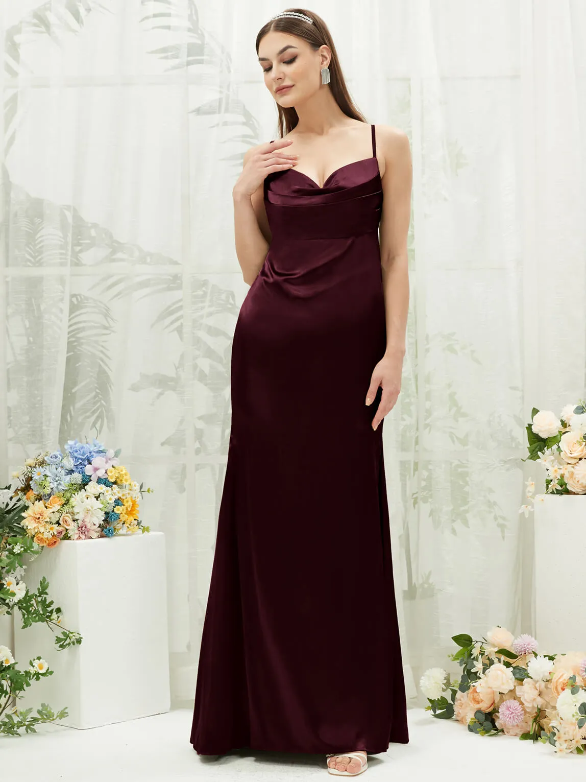 Cabernet Satin Cowl Neck Adjustable Straps Backless Long Bridesmaid Dress