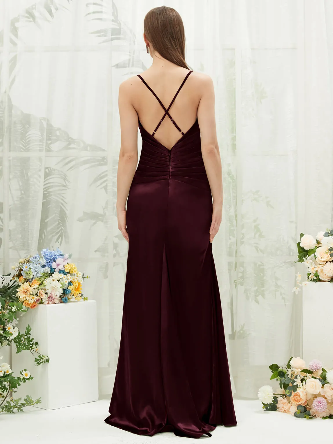 Cabernet Satin Cowl Neck Adjustable Straps Backless Long Bridesmaid Dress