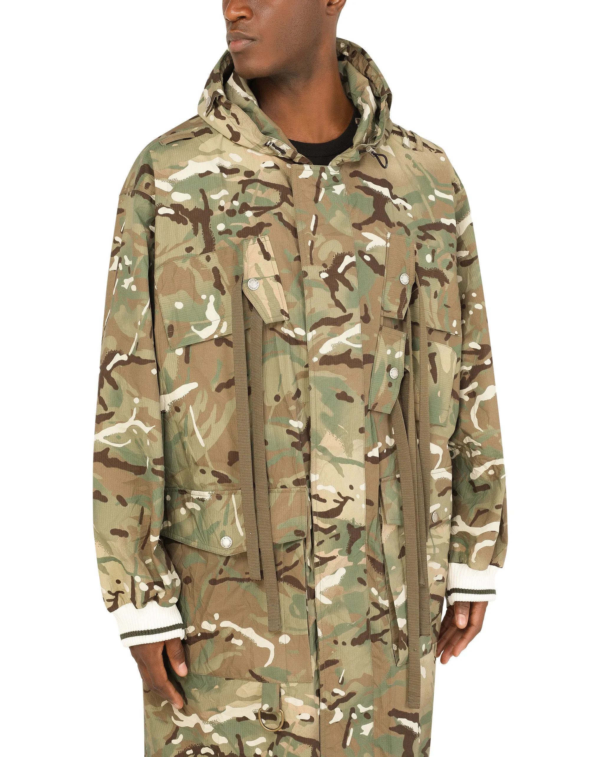 Camouflage-print nylon trench coat