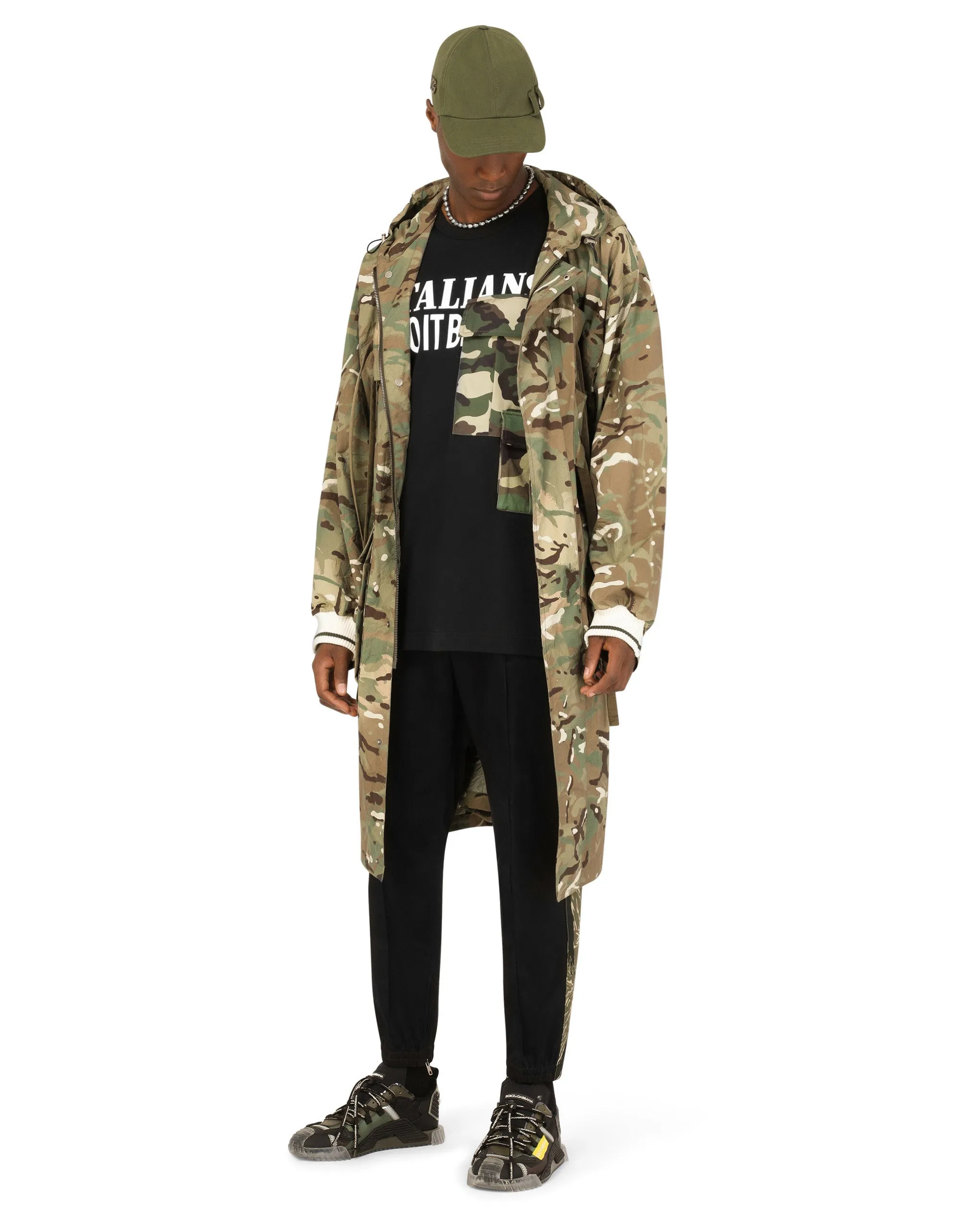 Camouflage-print nylon trench coat