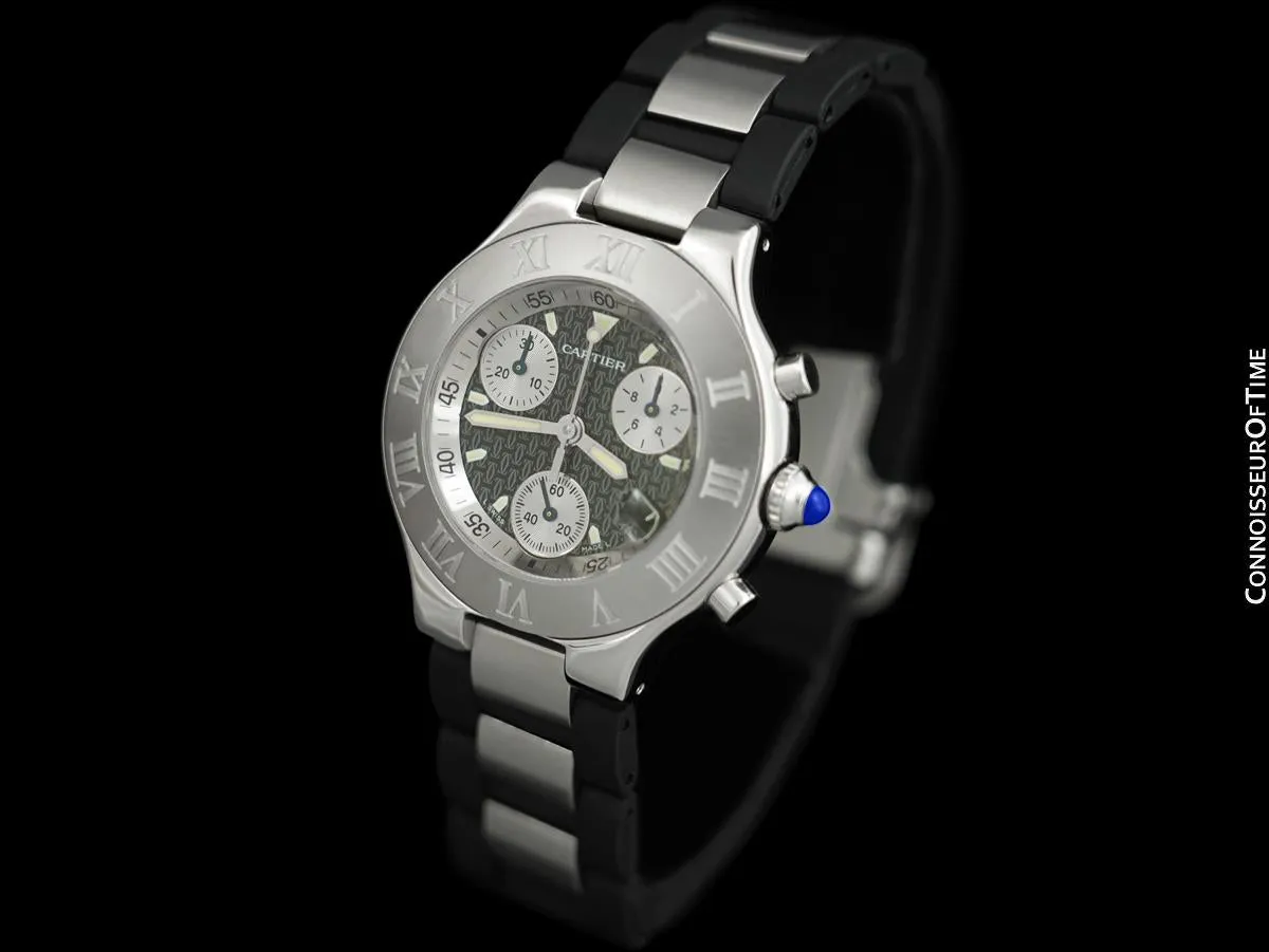 Cartier 21C Mens Chronoscaph Chronograph Stainless Steel Watch, Ref. 2424 - Box, Booklets & New Movement