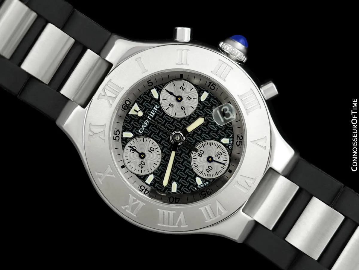 Cartier 21C Mens Chronoscaph Chronograph Stainless Steel Watch, Ref. 2424 - Box, Booklets & New Movement
