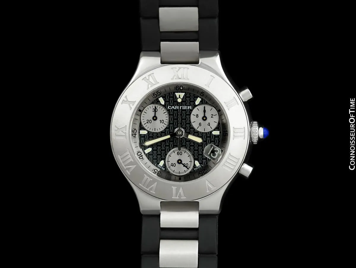 Cartier 21C Mens Chronoscaph Chronograph Stainless Steel Watch, Ref. 2424 - Box, Booklets & New Movement