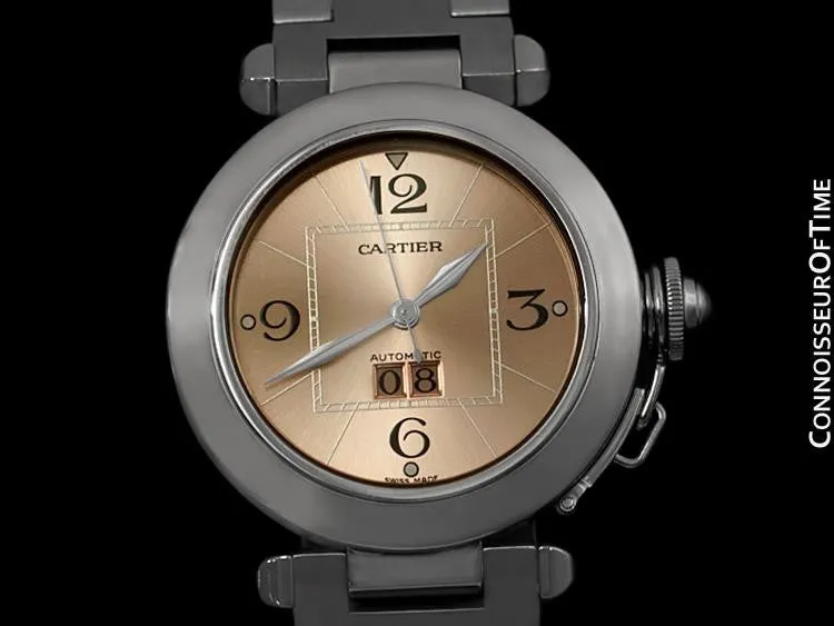 Cartier Mens Pasha "Big Date" Medium Size Watch, Automatic, Pink Dial, Stainless Steel - W31058M7