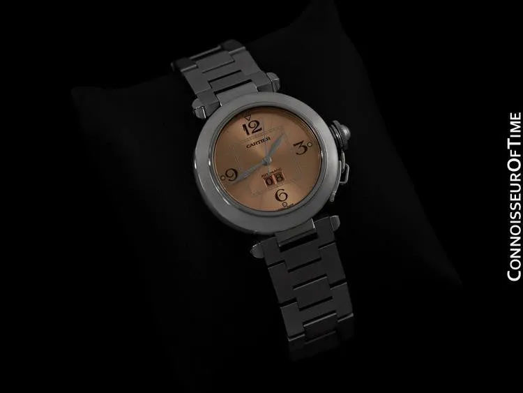 Cartier Mens Pasha "Big Date" Medium Size Watch, Automatic, Pink Dial, Stainless Steel - W31058M7