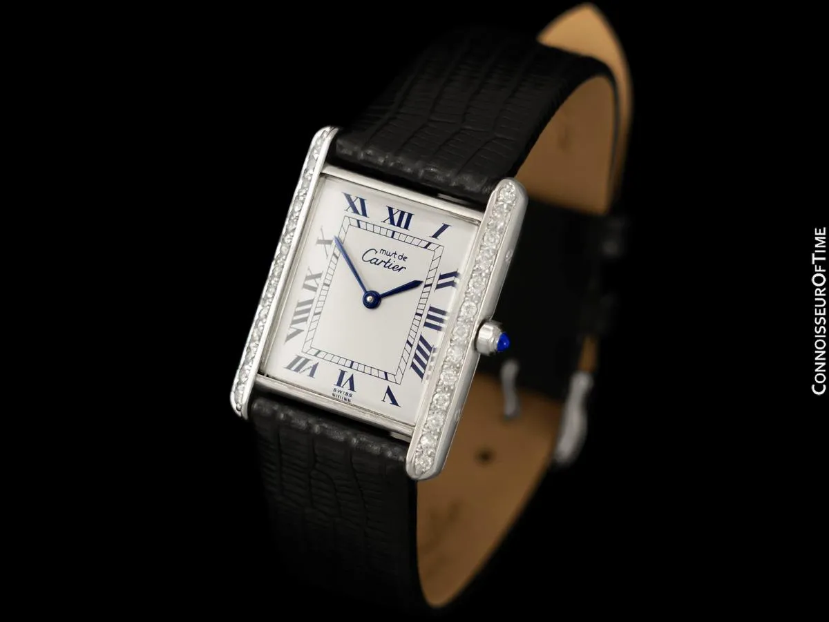 Cartier Mens Unisex Tank Louis Watch - 18K White Gold & Diamonds over Sterling Silver