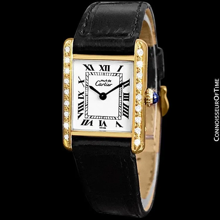 Cartier Vintage Ladies Tank Mechanical Watch - Gold Vermeil, 18K Gold over Sterling Silver & Diamonds