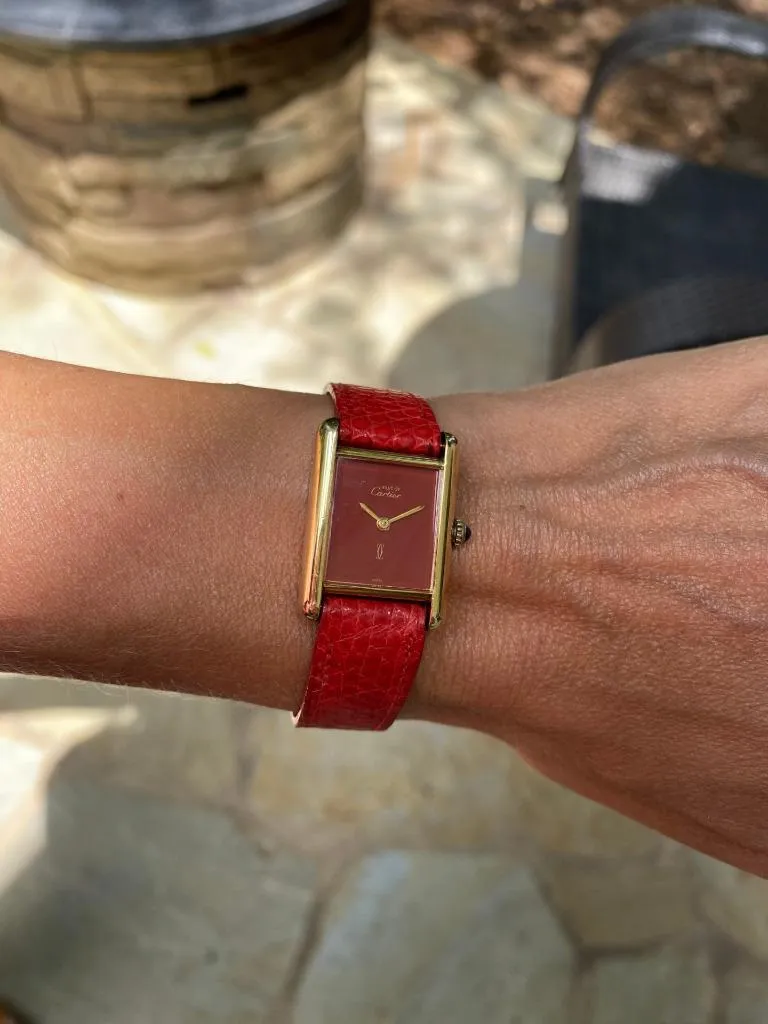 Cartier Vintage Ladies Tank Mechanical Wine Dial Watch - Gold Vermeil, 18K Gold over Sterling Silver