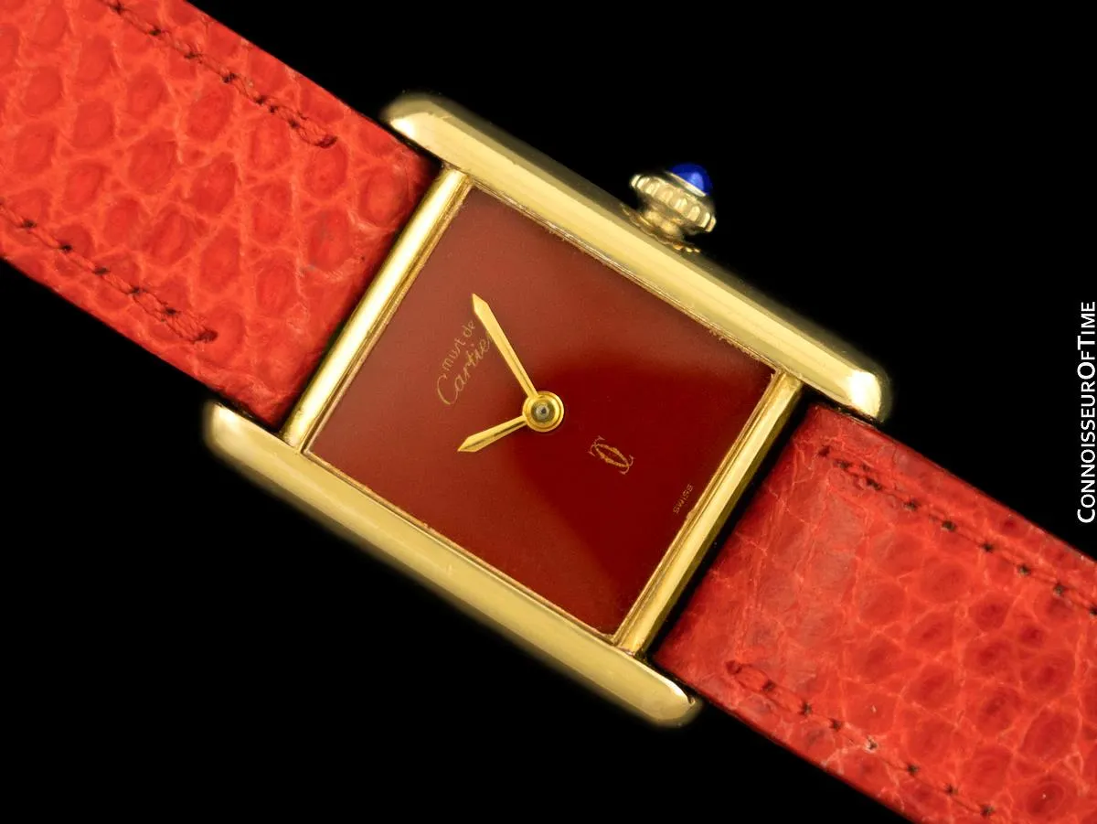 Cartier Vintage Ladies Tank Mechanical Wine Dial Watch - Gold Vermeil, 18K Gold over Sterling Silver
