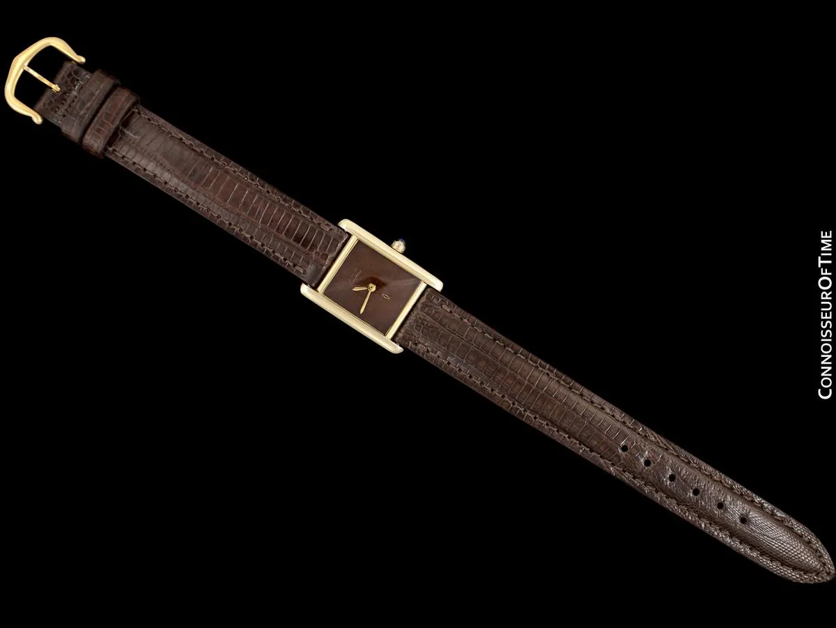 Cartier Vintage Ladies Tank Watch with Chocolate Brown Dial - Gold Vermeil, 18K Gold over Sterling Silver - Papers & Box
