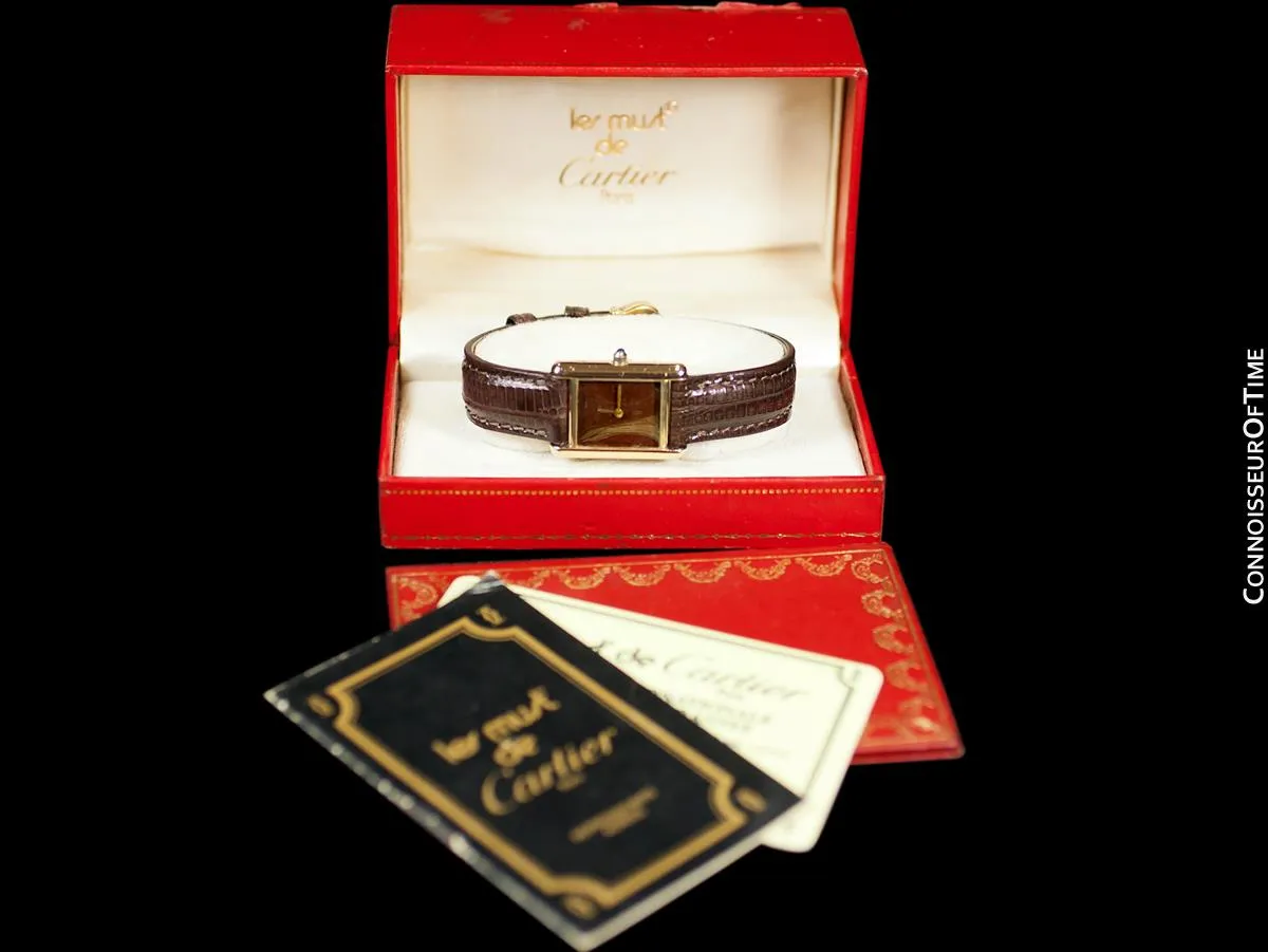 Cartier Vintage Ladies Tank Watch with Chocolate Brown Dial - Gold Vermeil, 18K Gold over Sterling Silver - Papers & Box
