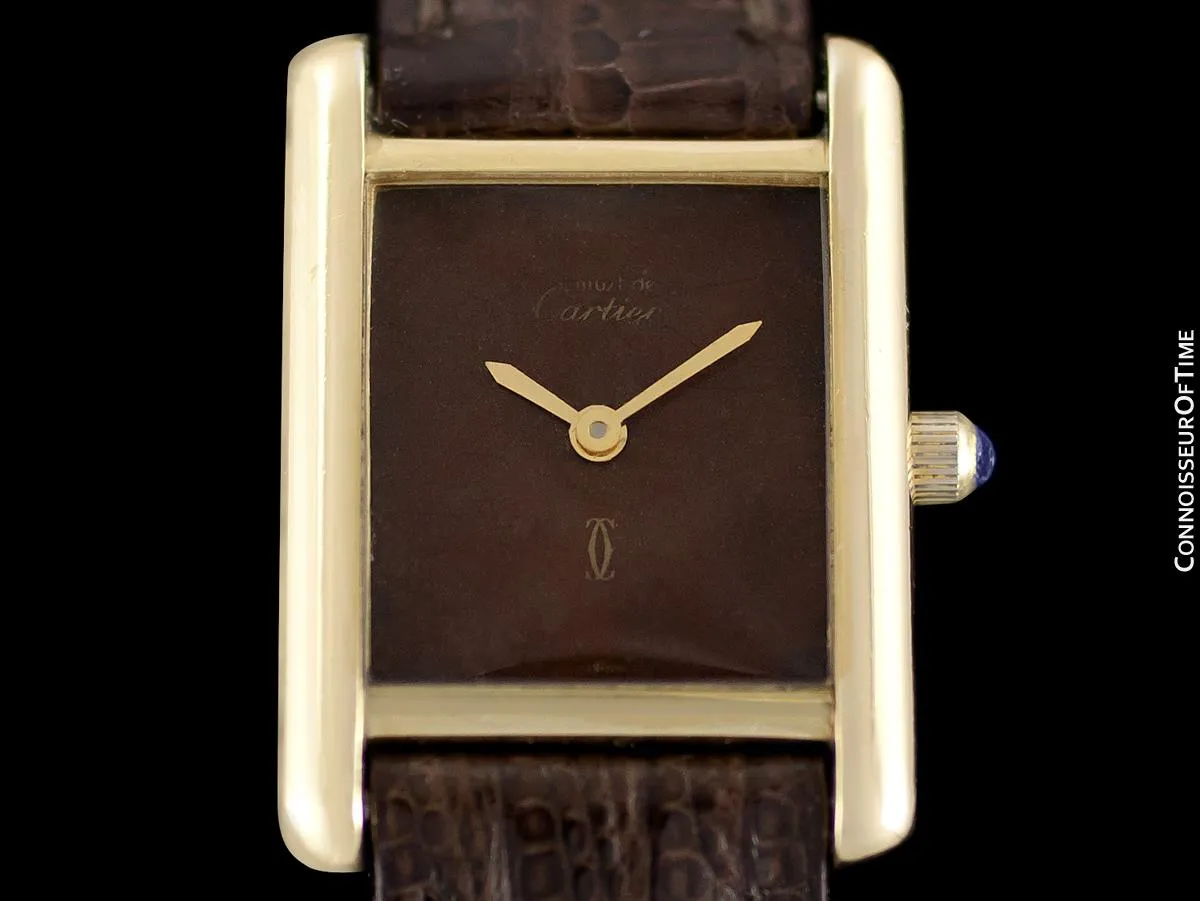 Cartier Vintage Ladies Tank Watch with Chocolate Brown Dial - Gold Vermeil, 18K Gold over Sterling Silver - Papers & Box