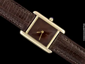 Cartier Vintage Ladies Tank Watch with Chocolate Brown Dial - Gold Vermeil, 18K Gold over Sterling Silver - Papers & Box