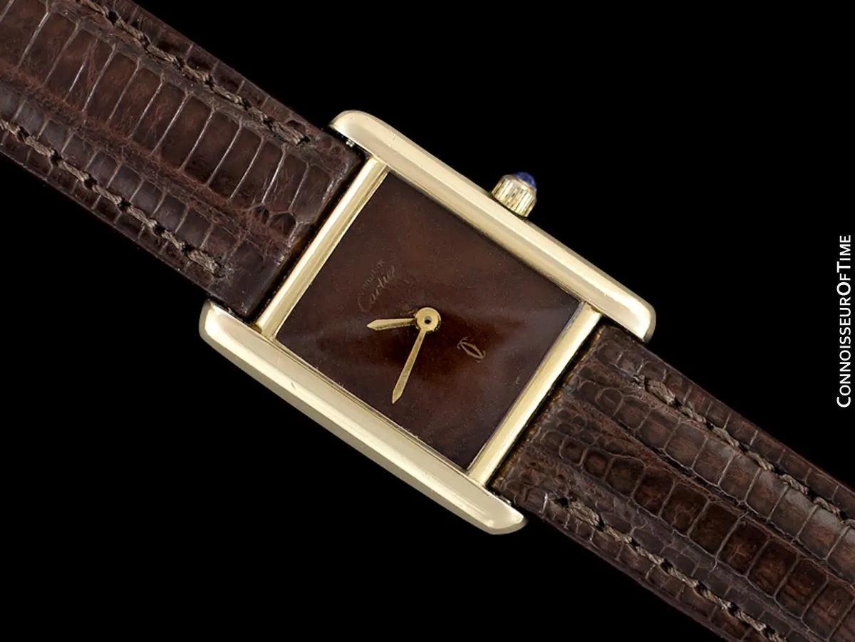 Cartier Vintage Ladies Tank Watch with Chocolate Brown Dial - Gold Vermeil, 18K Gold over Sterling Silver - Papers & Box