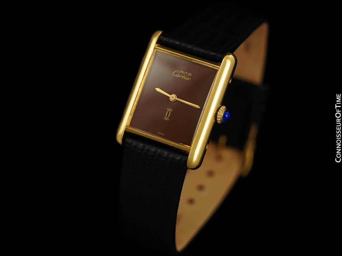 Cartier Vintage Mens Tank Mechanical Watch With Chocolate Dial - Gold Vermeil, 18K Gold over Sterling Silver