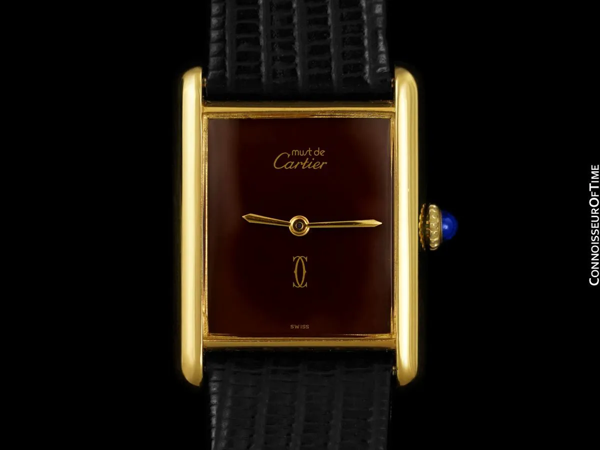 Cartier Vintage Mens Tank Mechanical Watch With Chocolate Dial - Gold Vermeil, 18K Gold over Sterling Silver