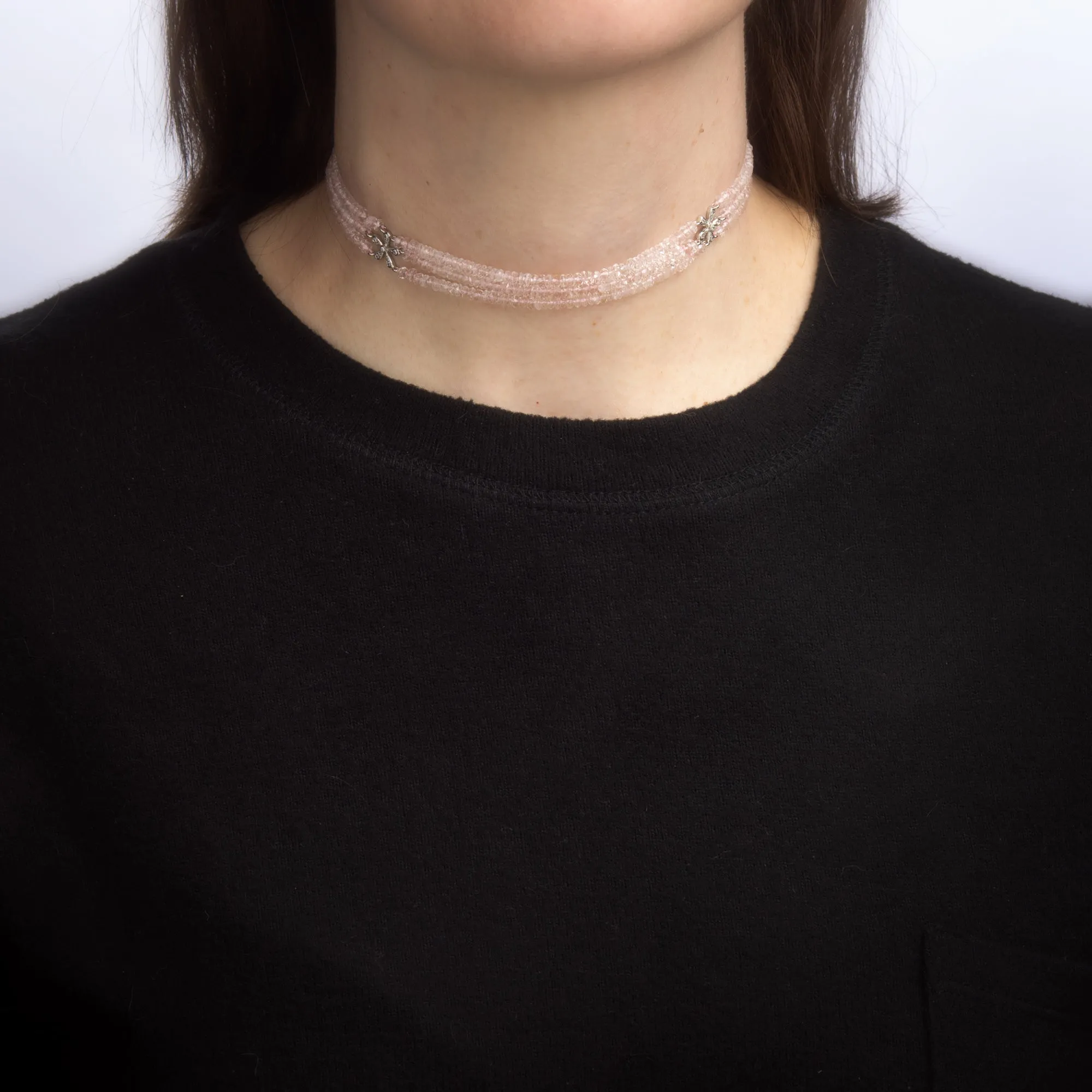 Cathy Waterman Rose Quartz Diamond Necklace 3 Strand Choker Platinum Estate 13"