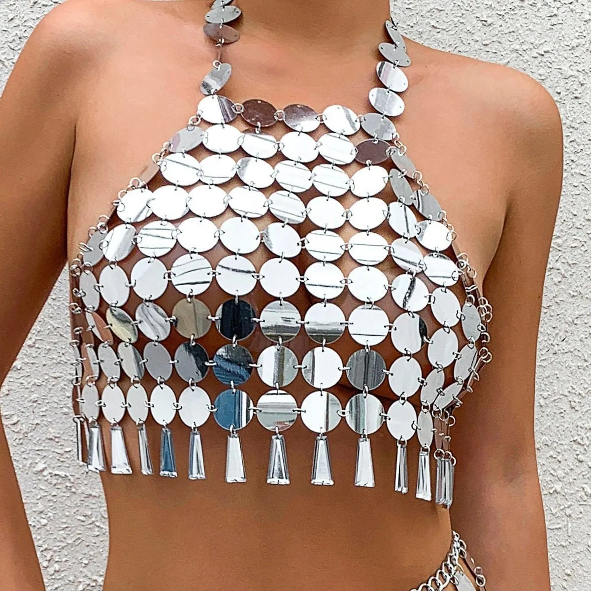 Chic Lingerie Halter Top Backless Glitter Tassel Sequins Bra