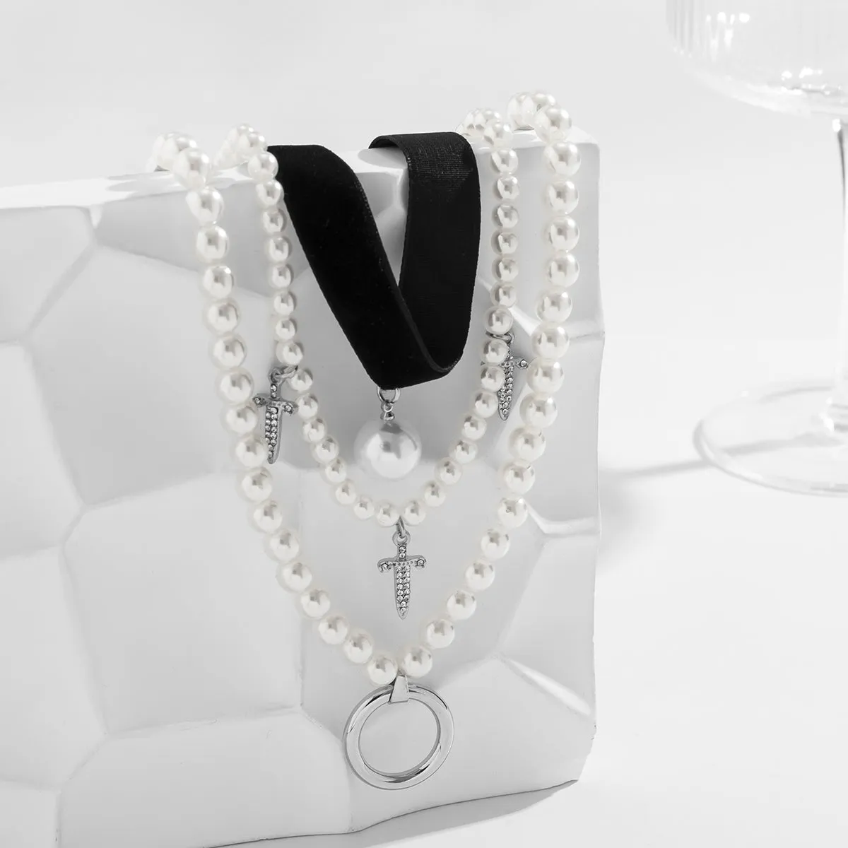 Clear Cubic Zirconia & Pearl Three-Piece Choker Necklace Set