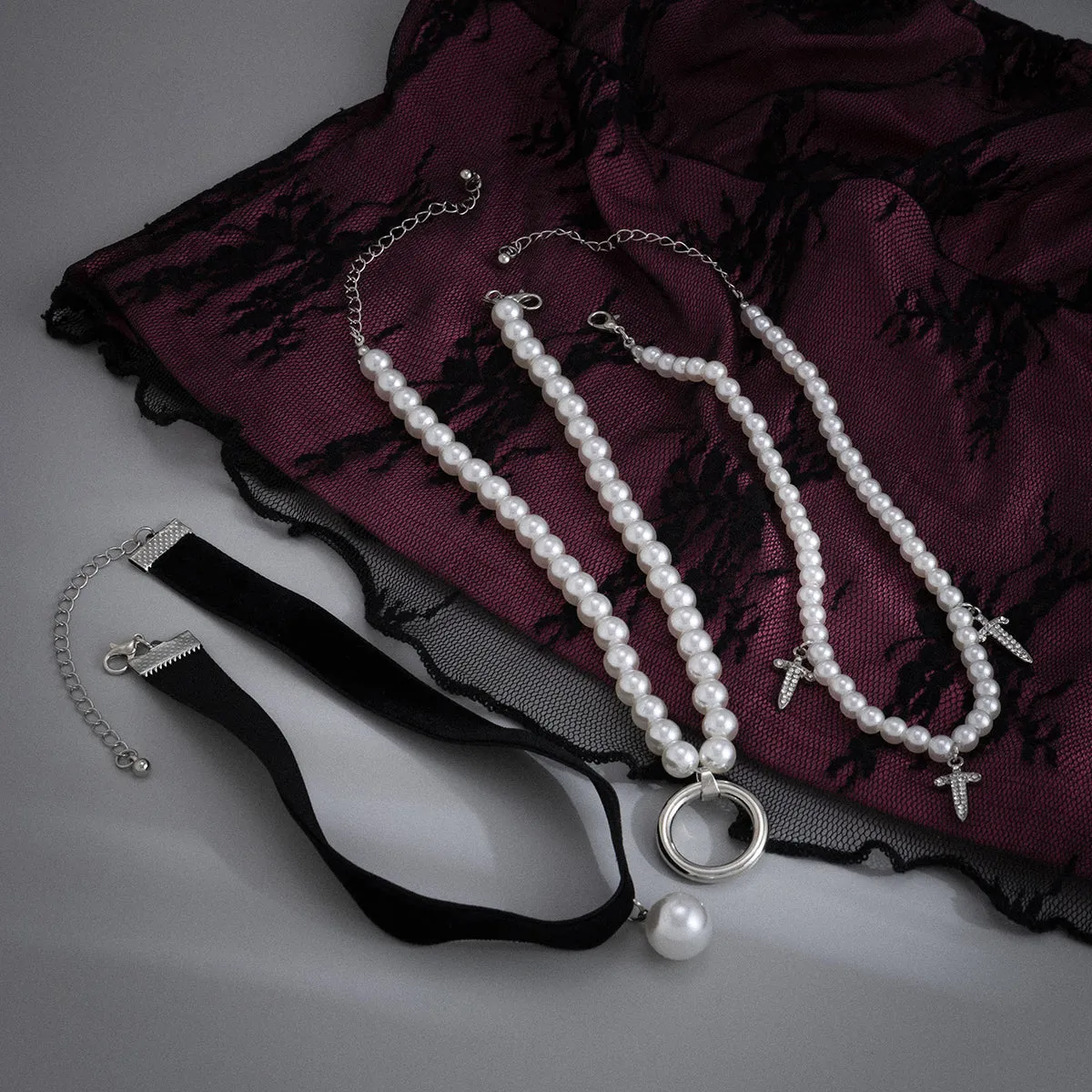 Clear Cubic Zirconia & Pearl Three-Piece Choker Necklace Set