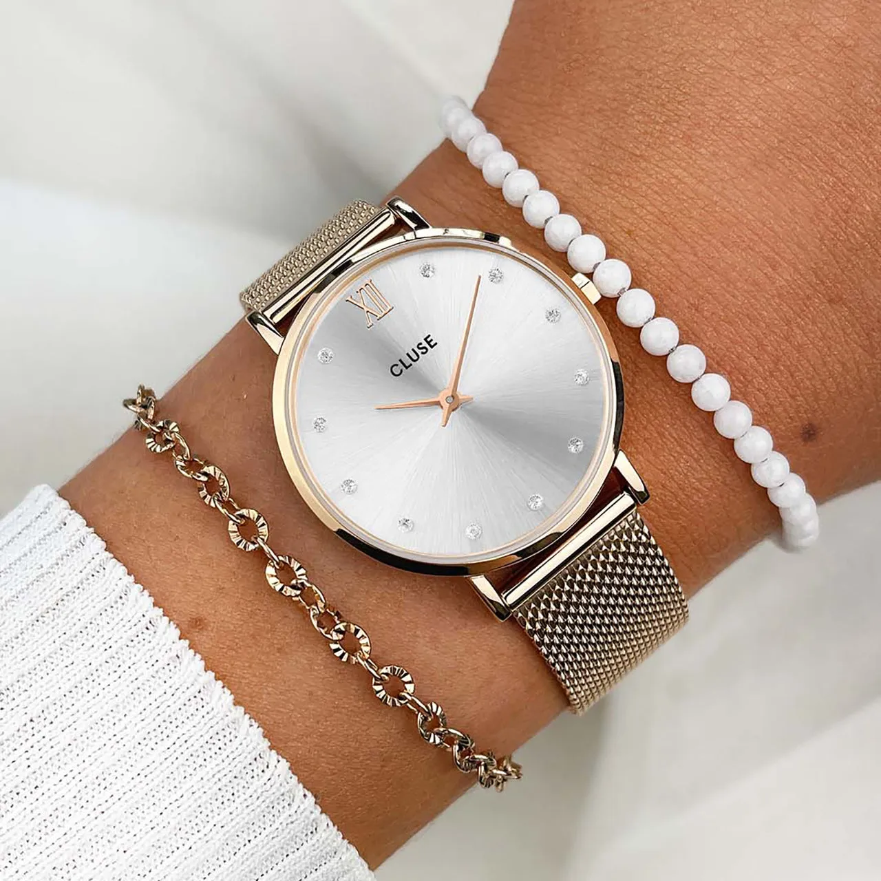 CLUSE Minuit Rose Gold Silver Crystals/Rose Gold Mesh CW10205