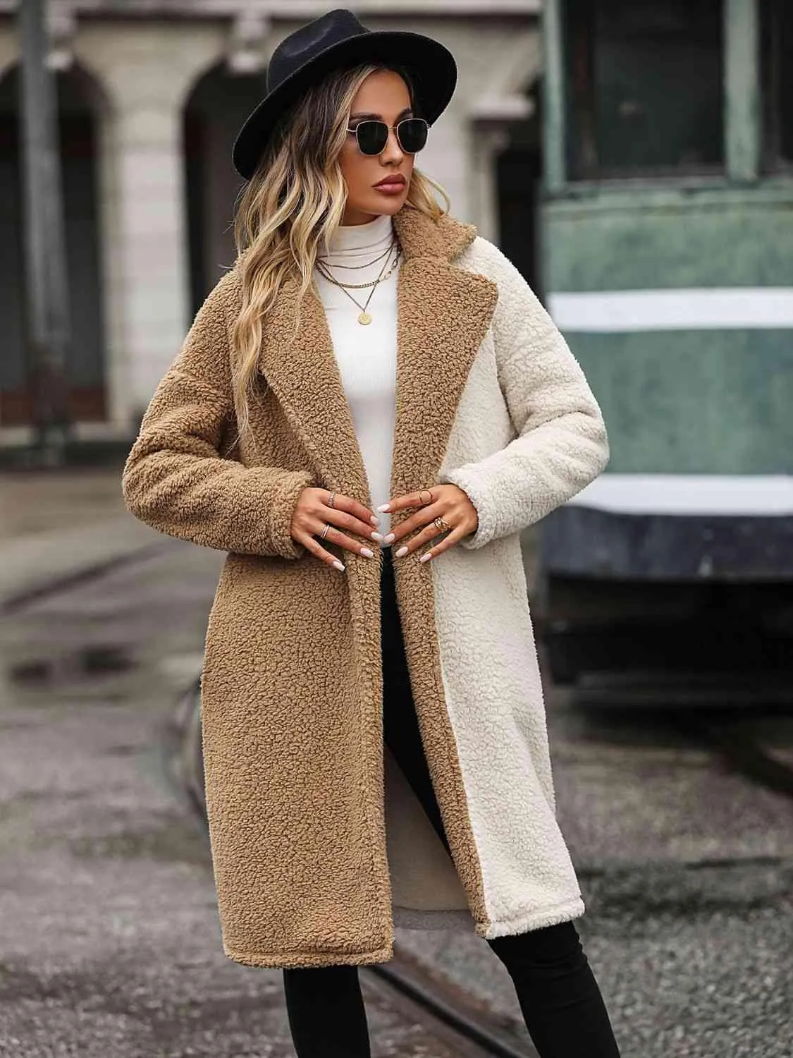 Color Block Drop Shoulder Sherpa Coat
