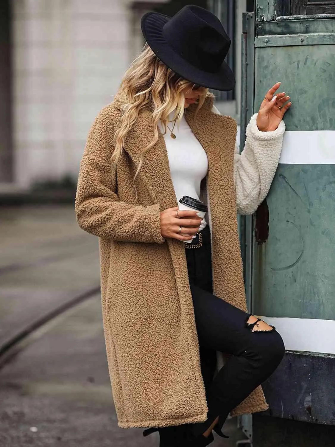Color Block Drop Shoulder Sherpa Coat