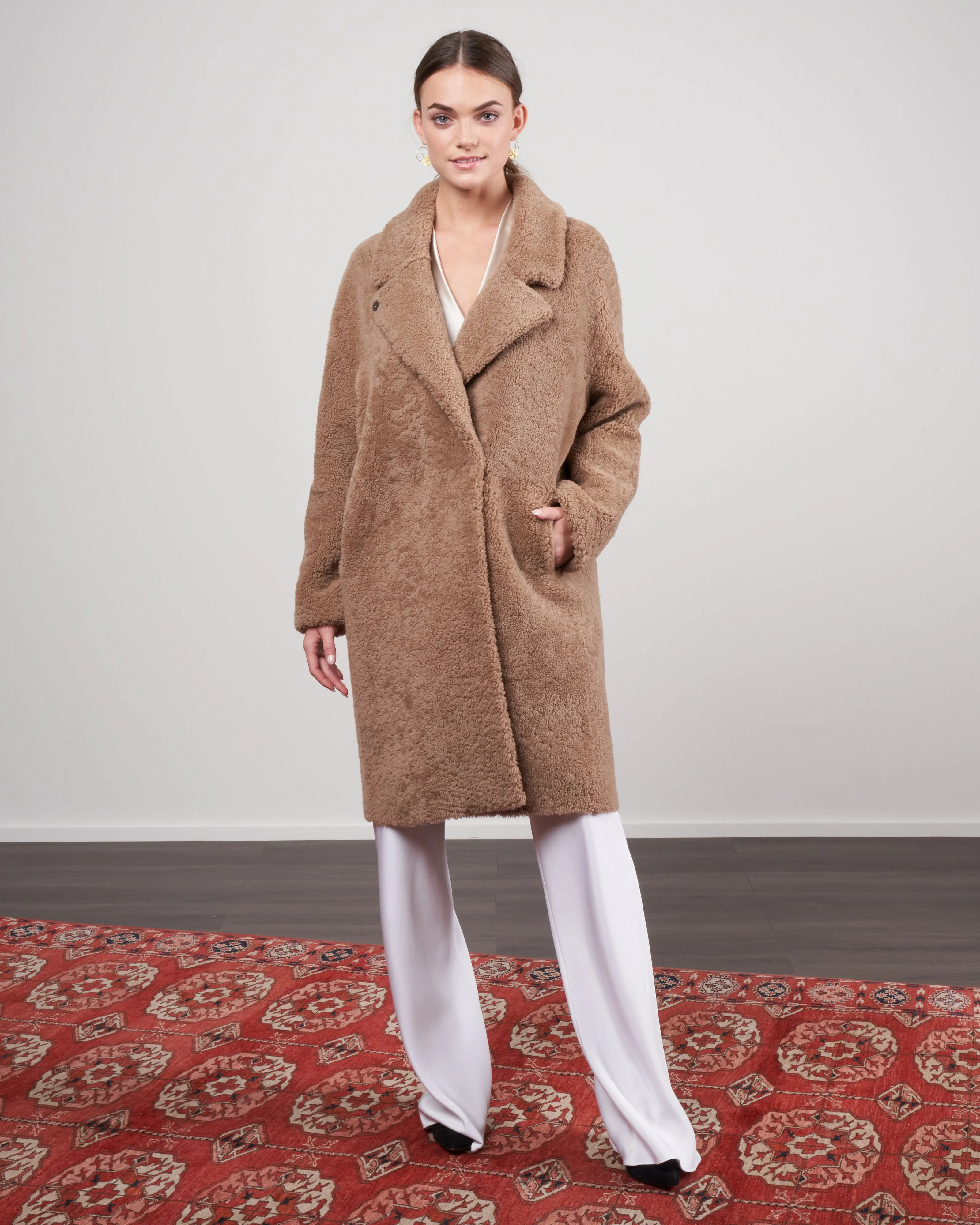 curly merino notch collar overcoat - camel