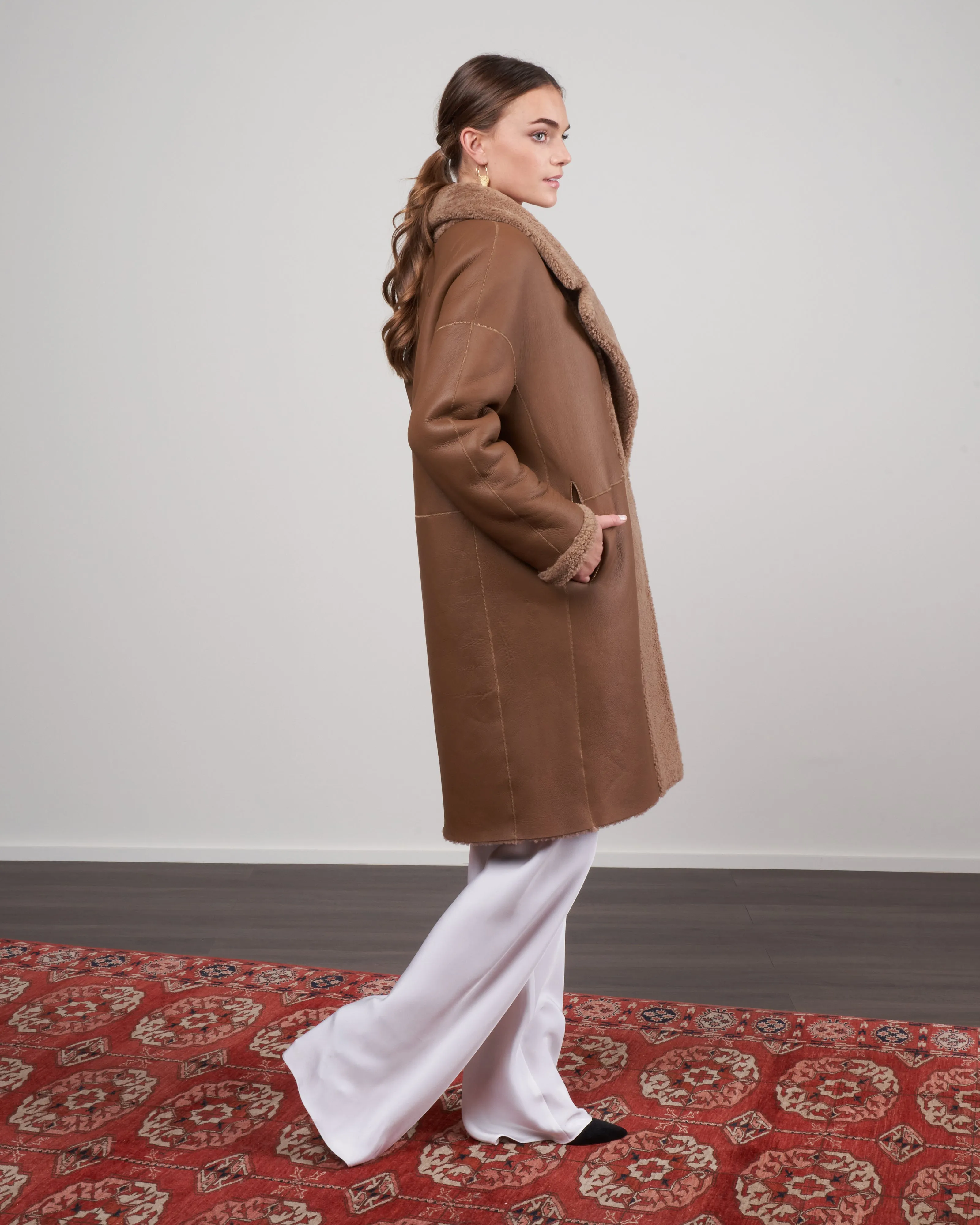 curly merino notch collar overcoat - camel
