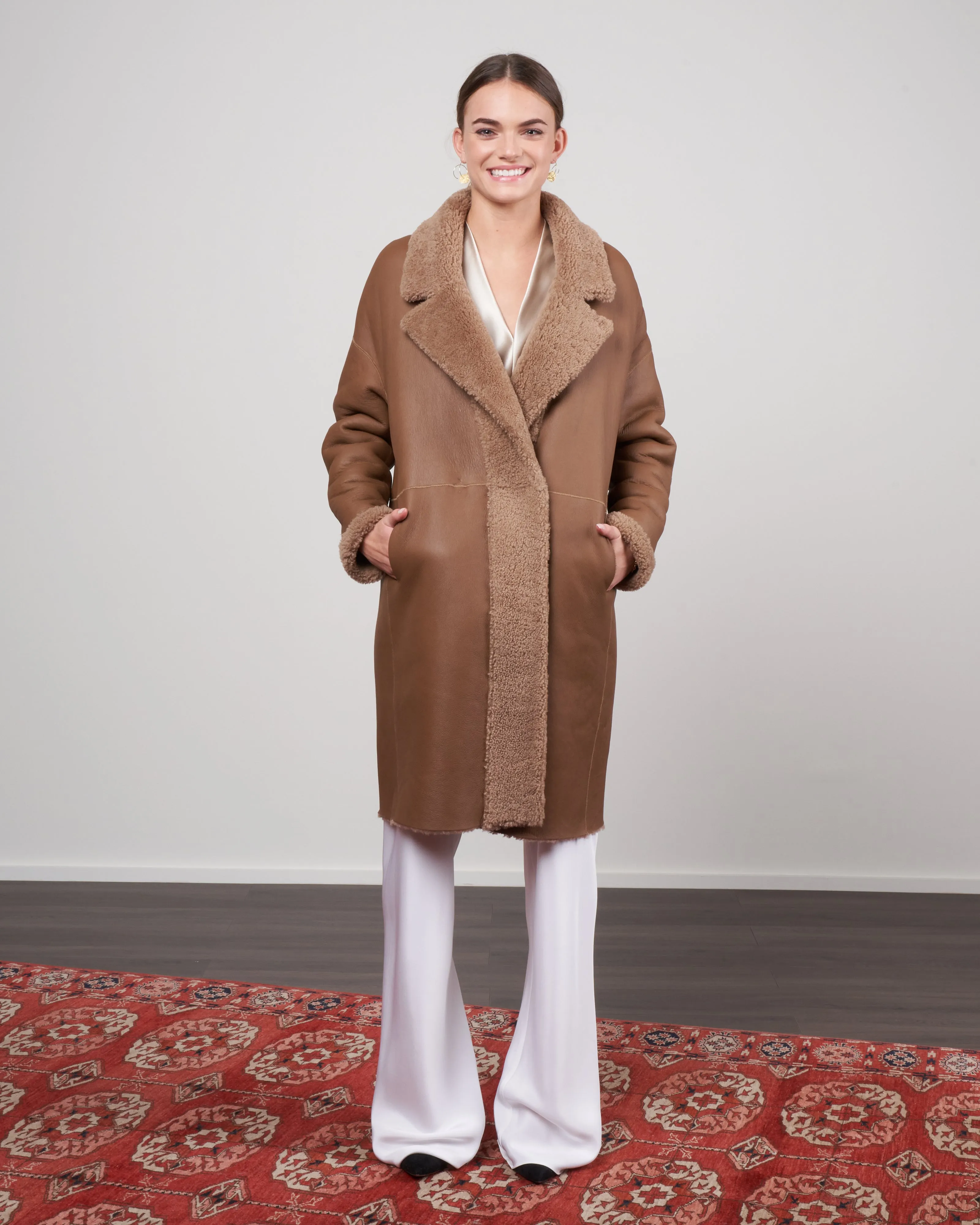 curly merino notch collar overcoat - camel
