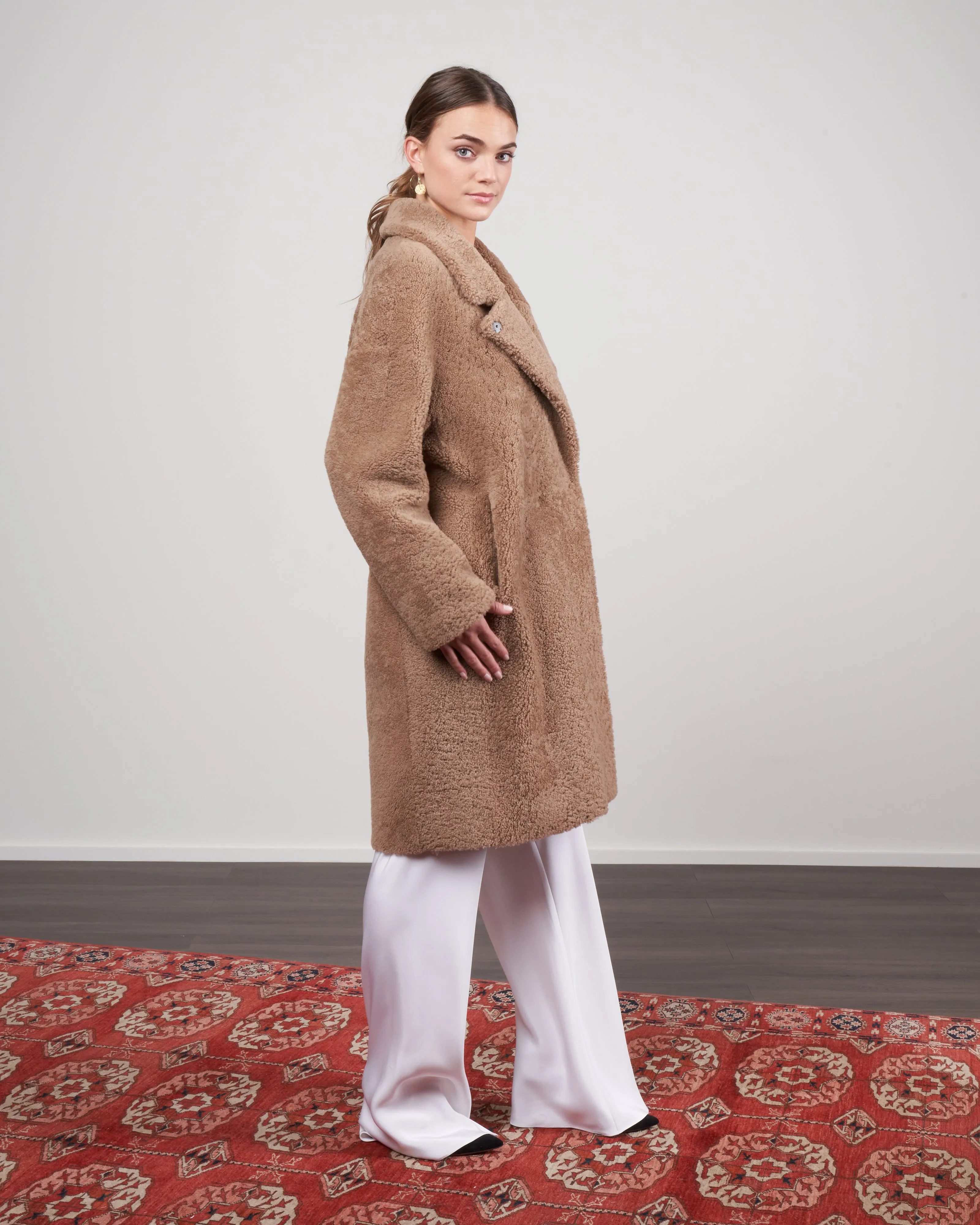 curly merino notch collar overcoat - camel