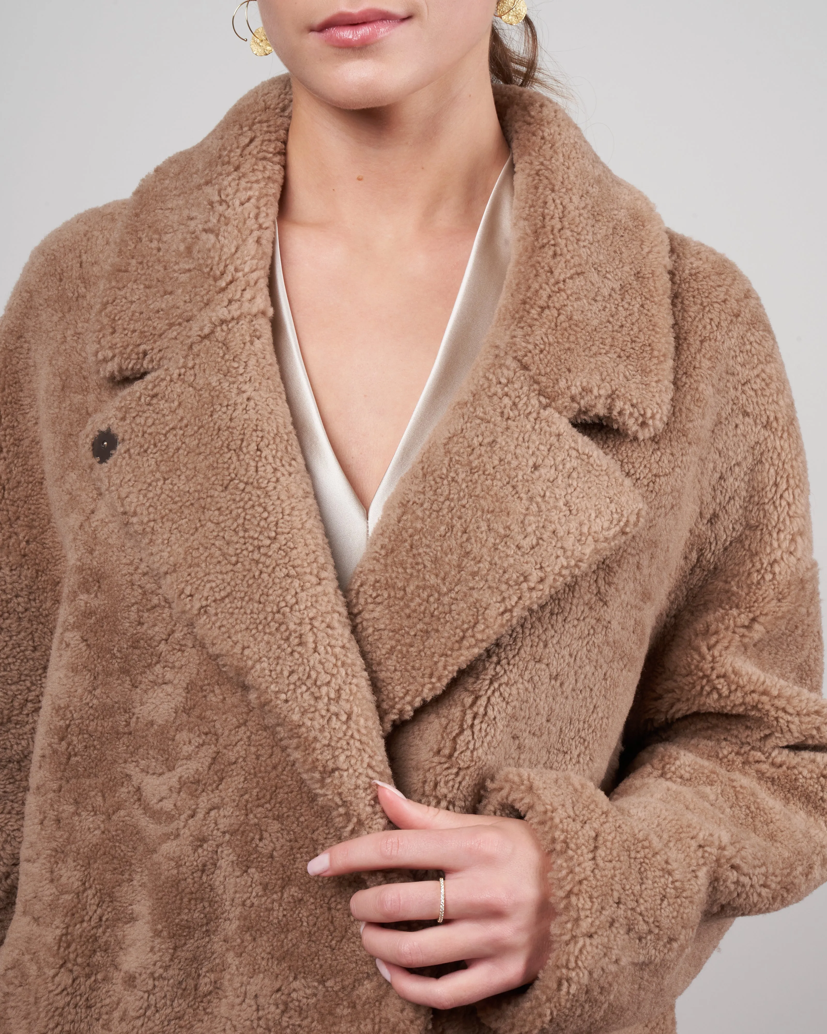 curly merino notch collar overcoat - camel