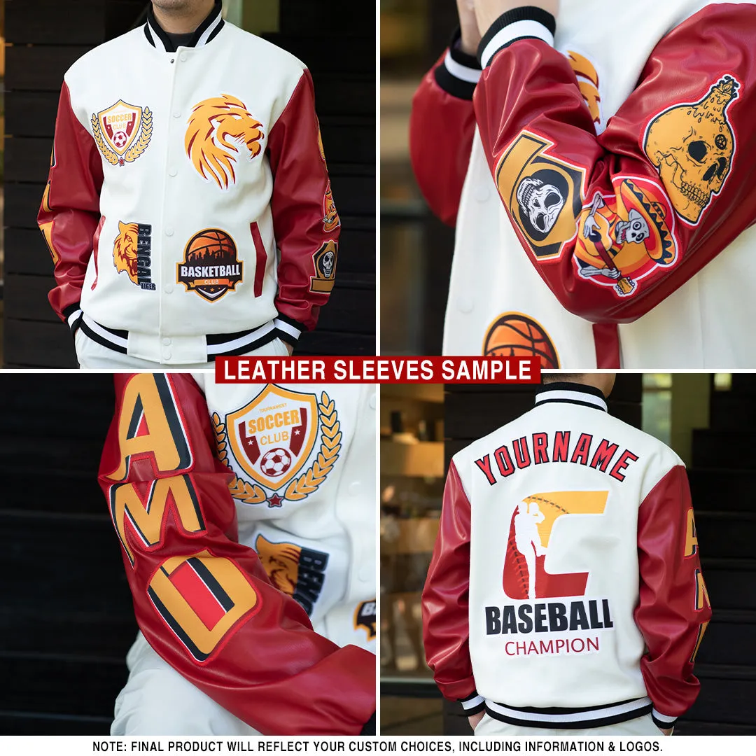Custom Olive Green-Cream Camo Sleeves 3D Pattern Design Bomber Full-Snap Varsity Letterman Salute To Service Jacket